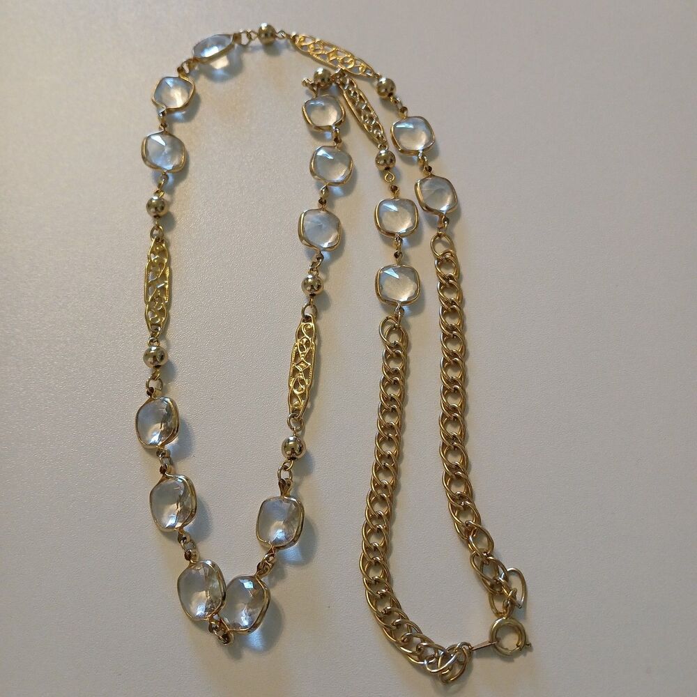 Vintage Romantic Gold-Tone Filigree Station Necklace Faceted Clear Glass Accents